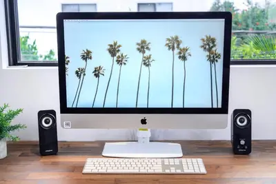 a computer screen with palm trees on a desk at Bright European Loft In Venice Beach in Los Angeles
