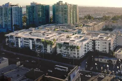 an aerial view of a city with tall buildings at Exclusive Suites in MDR-Venice with Pool, GYM & HotTub in Los Angeles