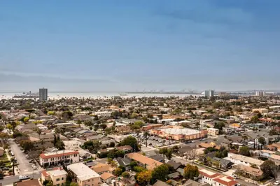 an aerial view of a city with the ocean at Central Apartment in a Hip Walkable Neighborhood NRP23-01143 in Long Beach