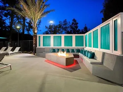 a patio with a fire pit and a building at Burbank 1BR w Pool WD Gym nr TJ WF LAX-788 in Los Angeles