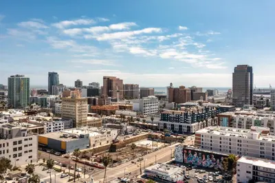 an aerial view of a city with tall buildings at The Varden - A Self-Service Micro Hotel in Long Beach